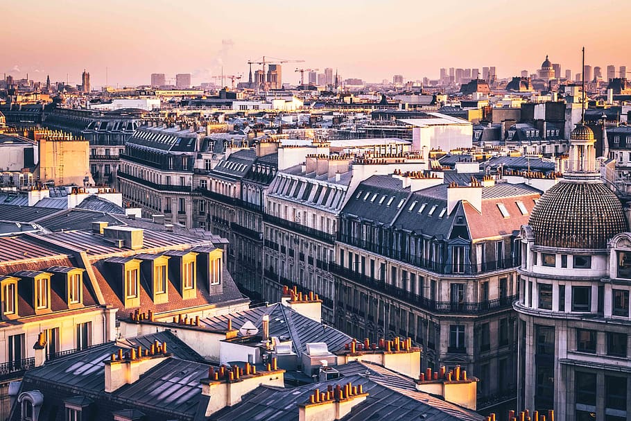 A view of rooftops in France., paris, printemps haussmann, parisian