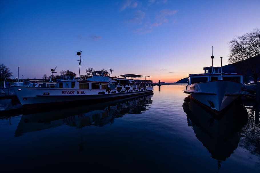 port, boat, twilight, reflection, sunset, color, calm, landscape HD wallpaper