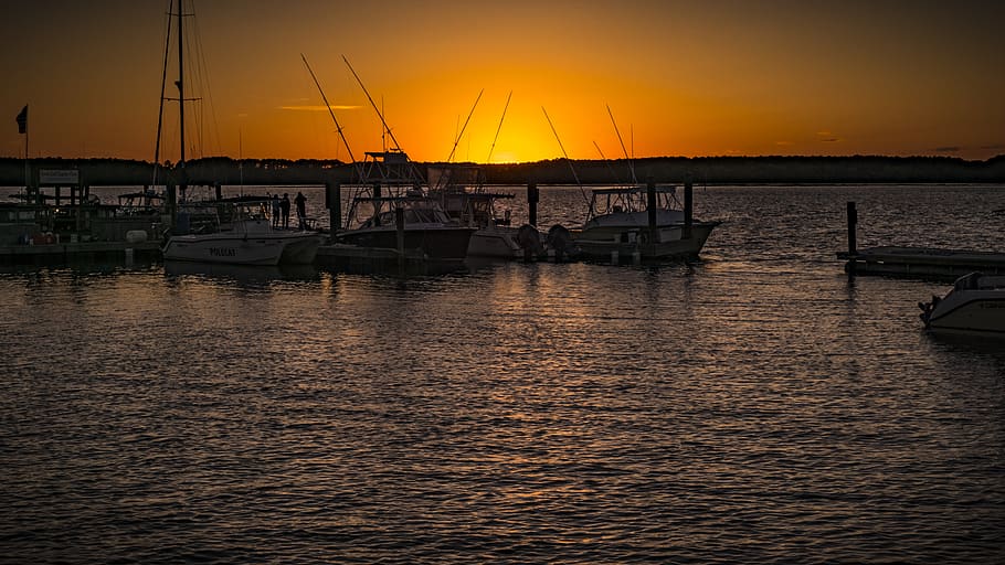 sunset, dock, boat, night, landscape, seascape, ocean, evening HD wallpaper