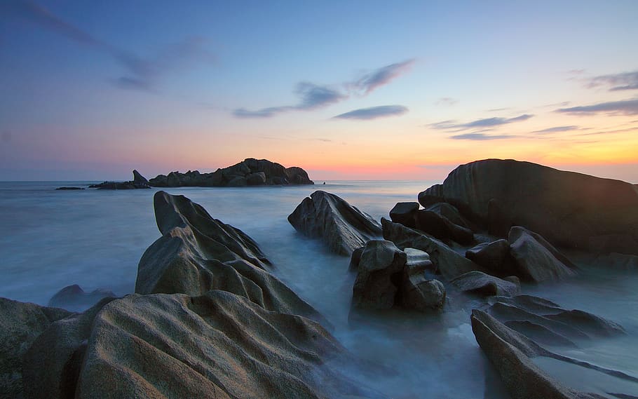 Ocean View on Sunset, beach, dawn, nature, rocks, sea, seascape HD wallpaper