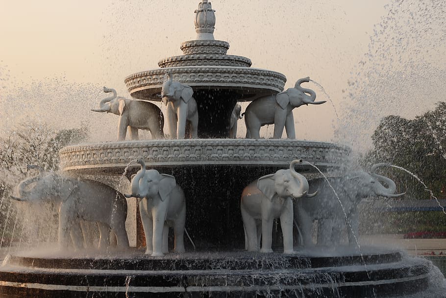 fountain, architecture, creativity, representation, water, animal HD wallpaper