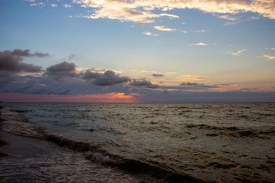 sea, beach, summer, sunset, dawn, clouds, sky, landscape, water HD wallpaper