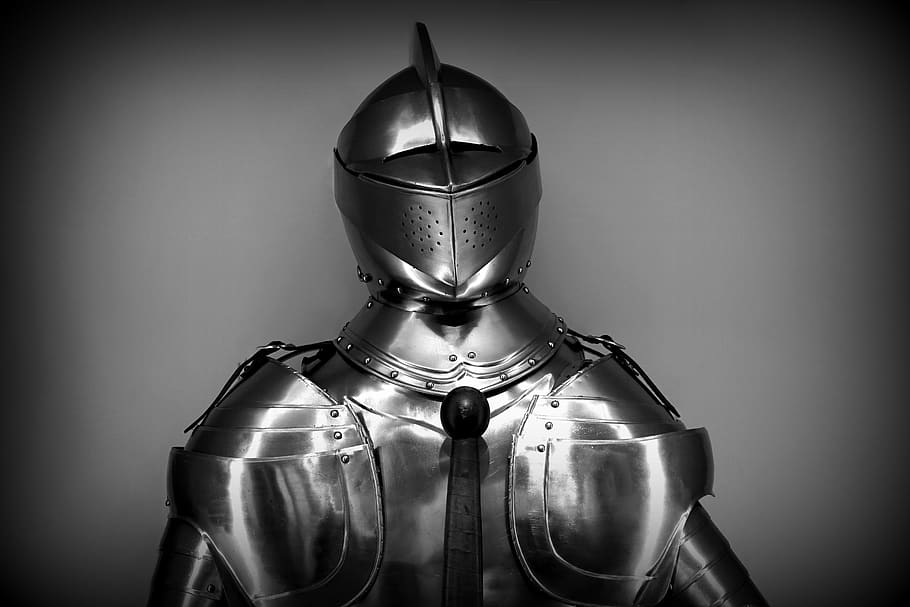 Gray Scale Photography of Knight, antique, armor, black-and-white