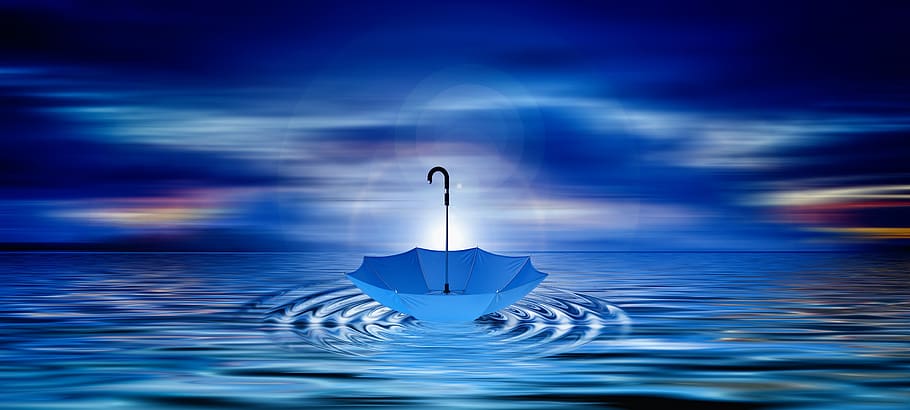 clouds, sea, water, wave, umbrella, mirroring, reflection, sky HD wallpaper