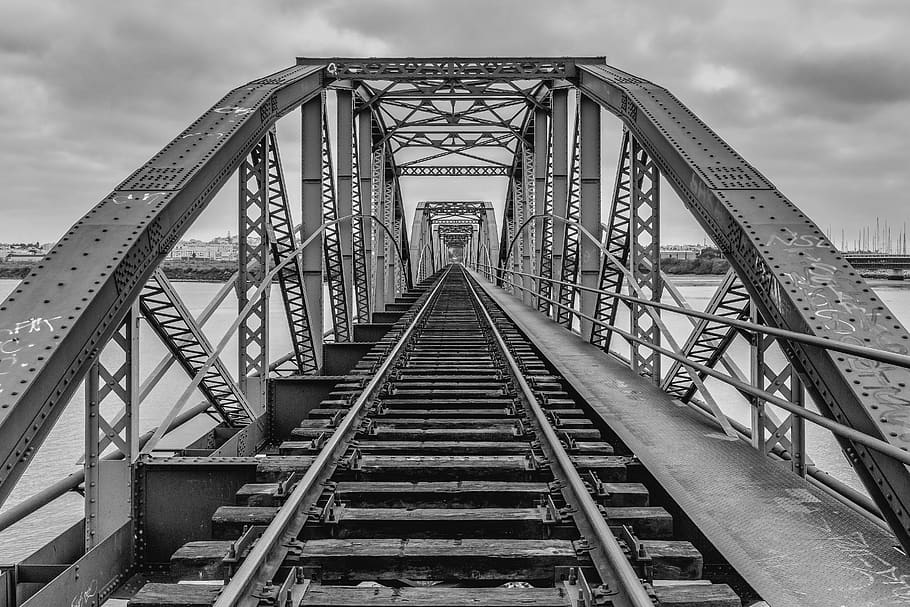 bridge, railroad, railway, architecture, tracks, rails, sky HD wallpaper
