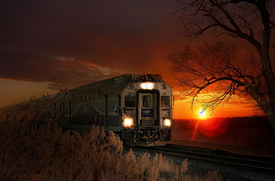 train, sun, warm colors, light, railway, sunset, transport HD wallpaper