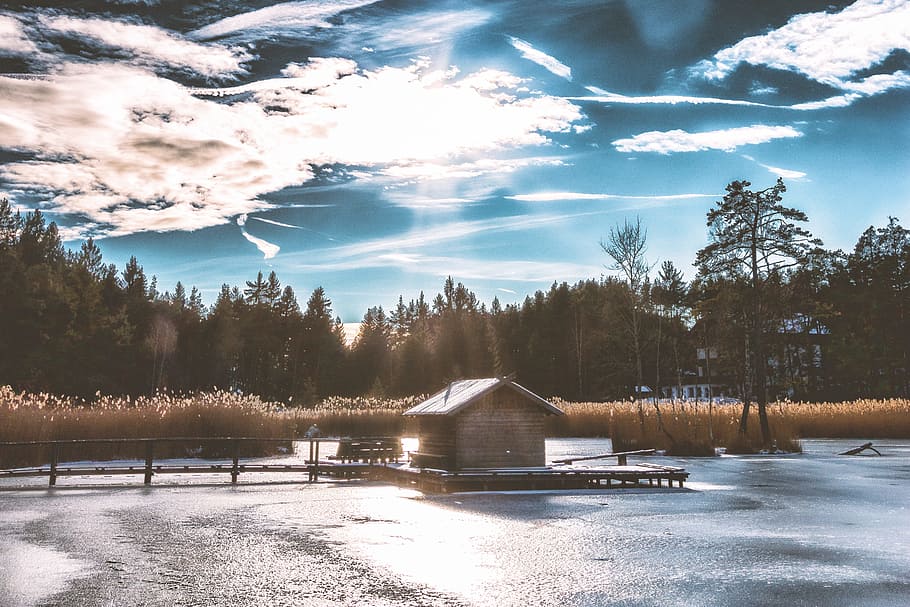 Brown Shack in the Middle of Frozen Lake, clouds, cold, dawn HD wallpaper