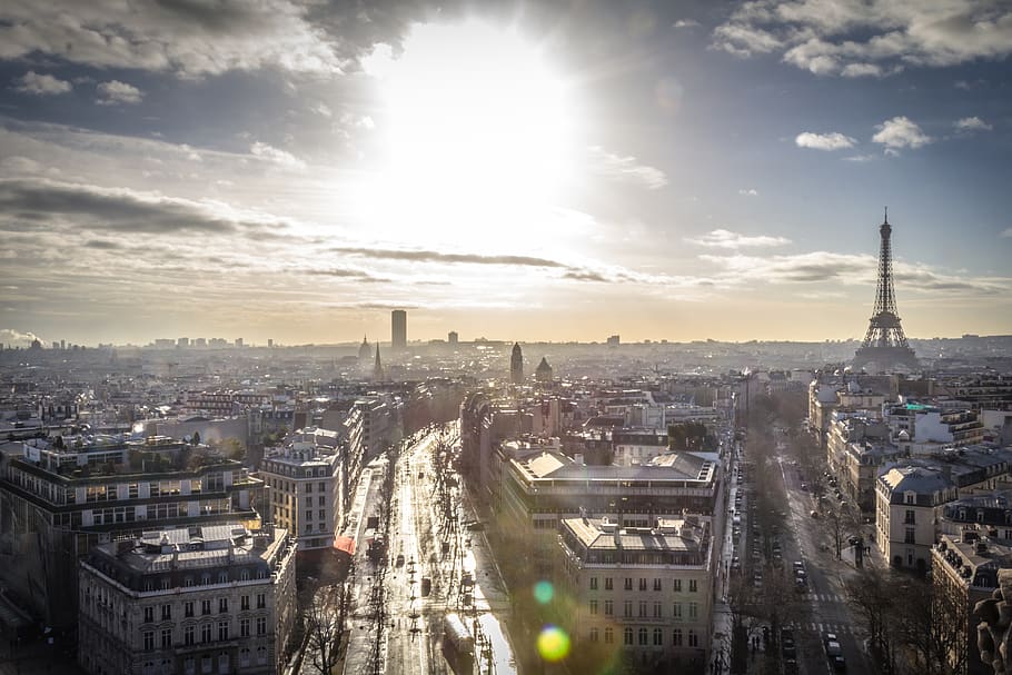 sky, sunshine, clouds, paris, france, eiffel tower, skyline HD wallpaper
