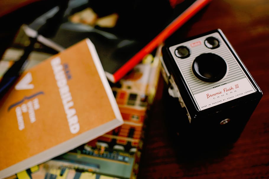 desk, books, brownie, flash, camera, vintage, technology, no people HD wallpaper