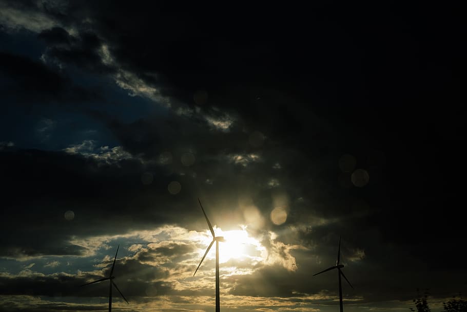 wind turbines at sunset, alternative, change, clean, climate, HD wallpaper