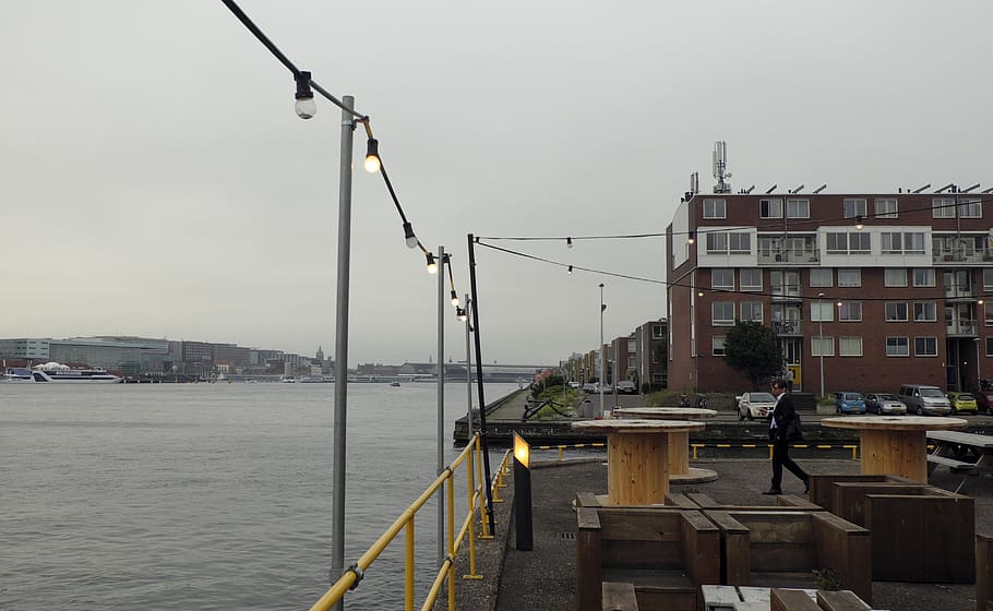 light, lightbulb, riverside, water, dock, amsterdam, netherlands HD wallpaper