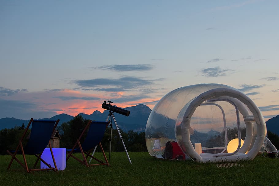 bubbletent, sleep, unusual, soap bubble, at, sky, nature, field HD wallpaper