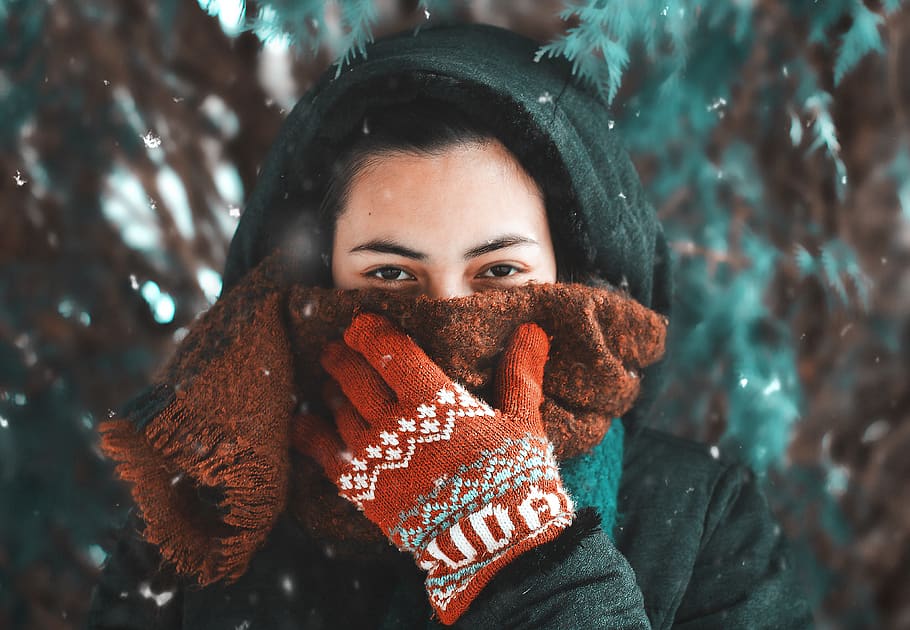 Woman Covering Face With Scarf, blur, close-up, cold, covered HD wallpaper