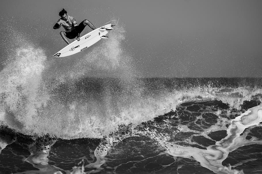 grayscale man surfing, wave, black and white, explore, waves, HD wallpaper