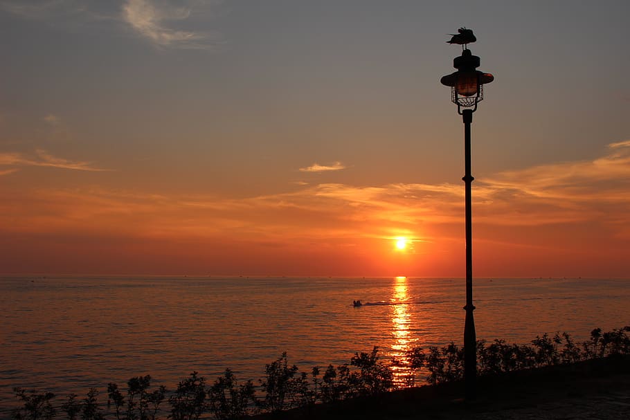 sunset, landscape, sea, lantern, sky, lighting equipment, water HD wallpaper