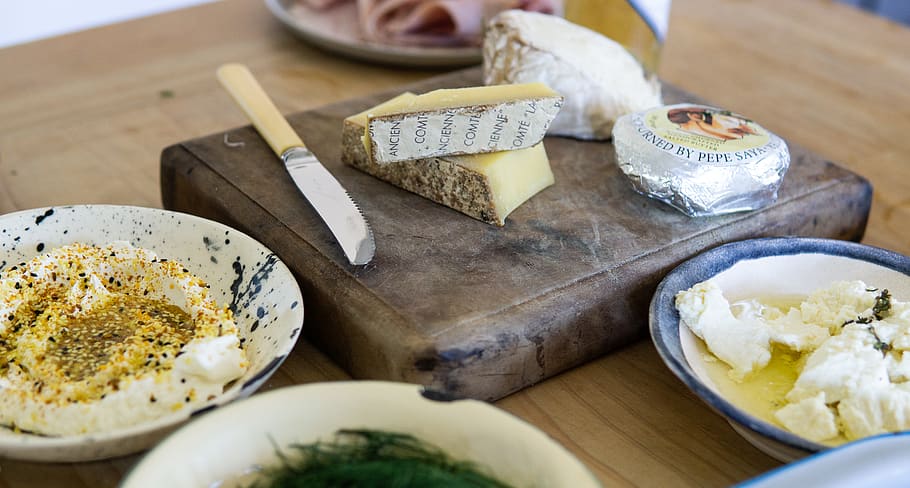Three Assorted Varieties of Cheese Near Tableknife, bread, butter HD wallpaper