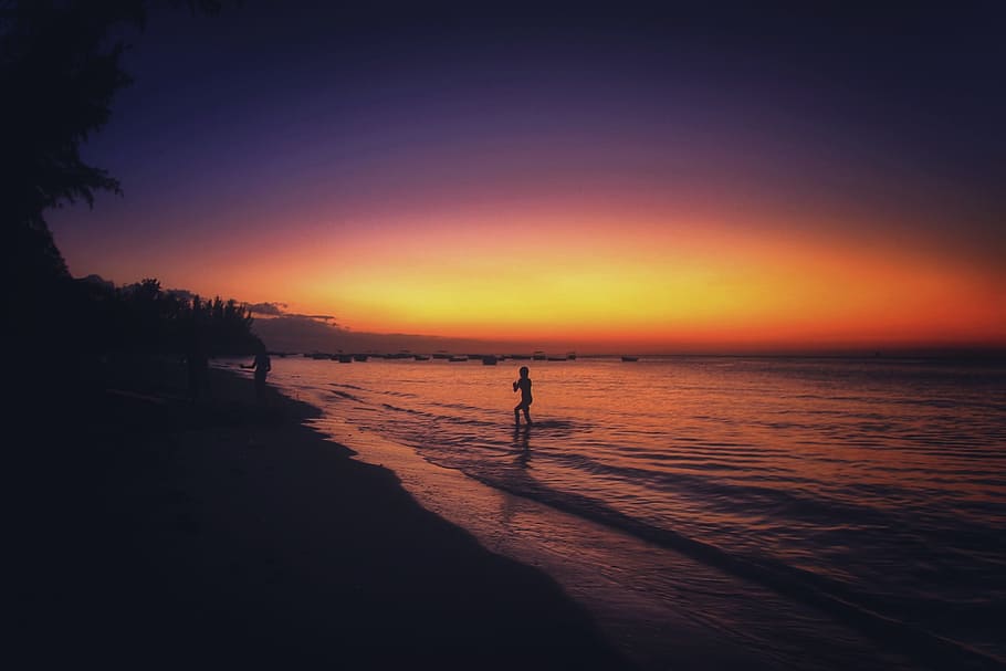 sunset, nature, landscape, water, flow, activity, dark, sea HD wallpaper