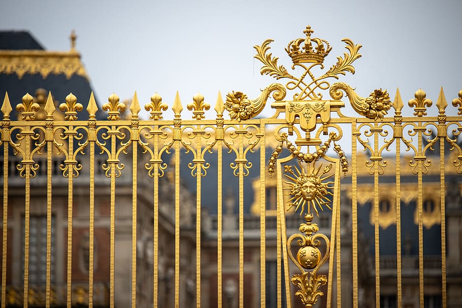 france, palace of versailles, beauty, king, gold, gate, light, HD wallpaper