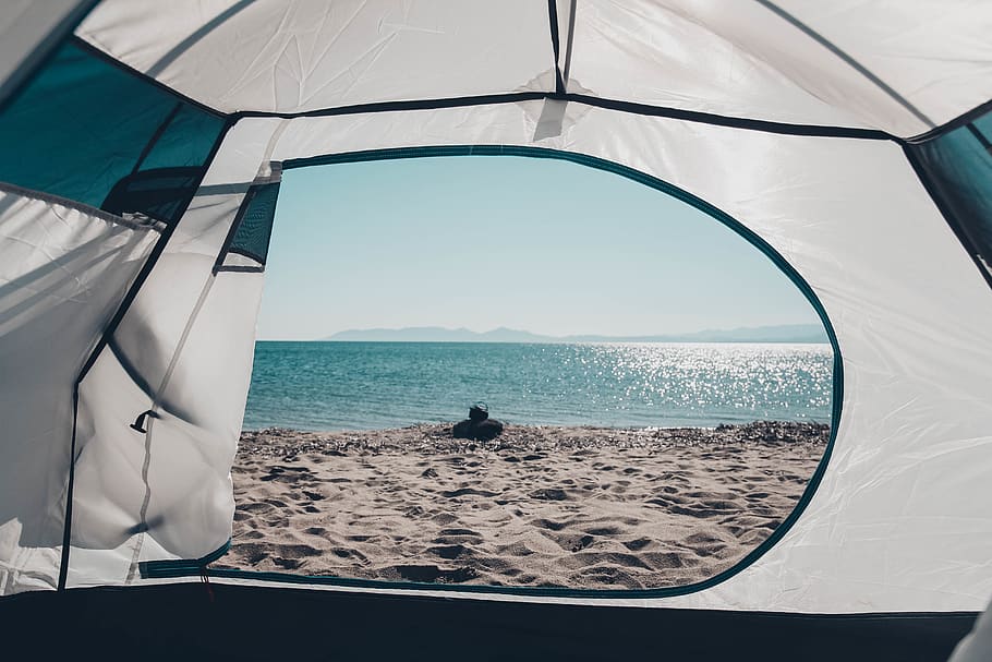 white and blue dome tent on shore during daytime, human, person