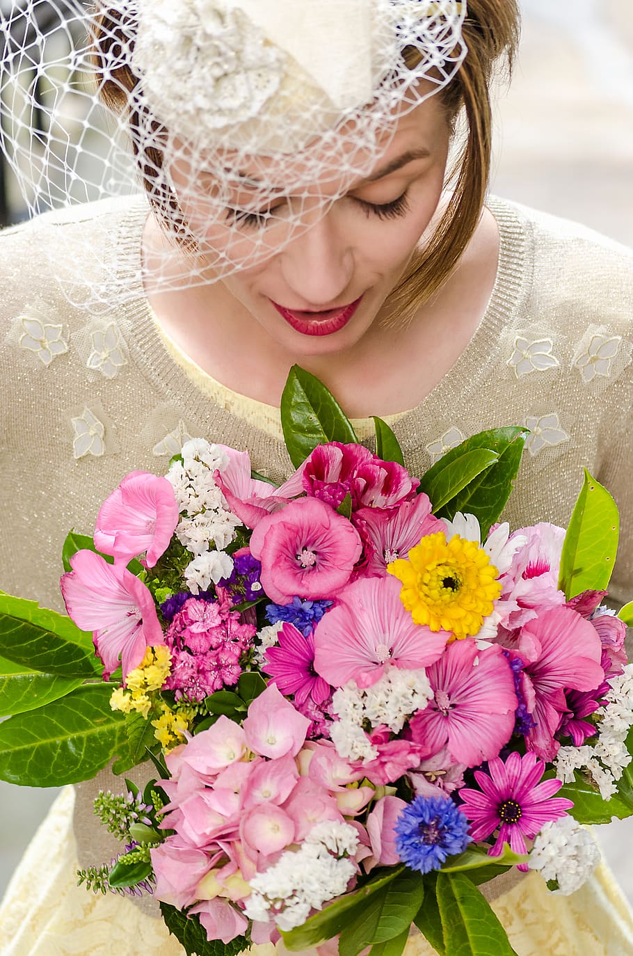 woman holding assorted-color flower bouquet, plant, human, person