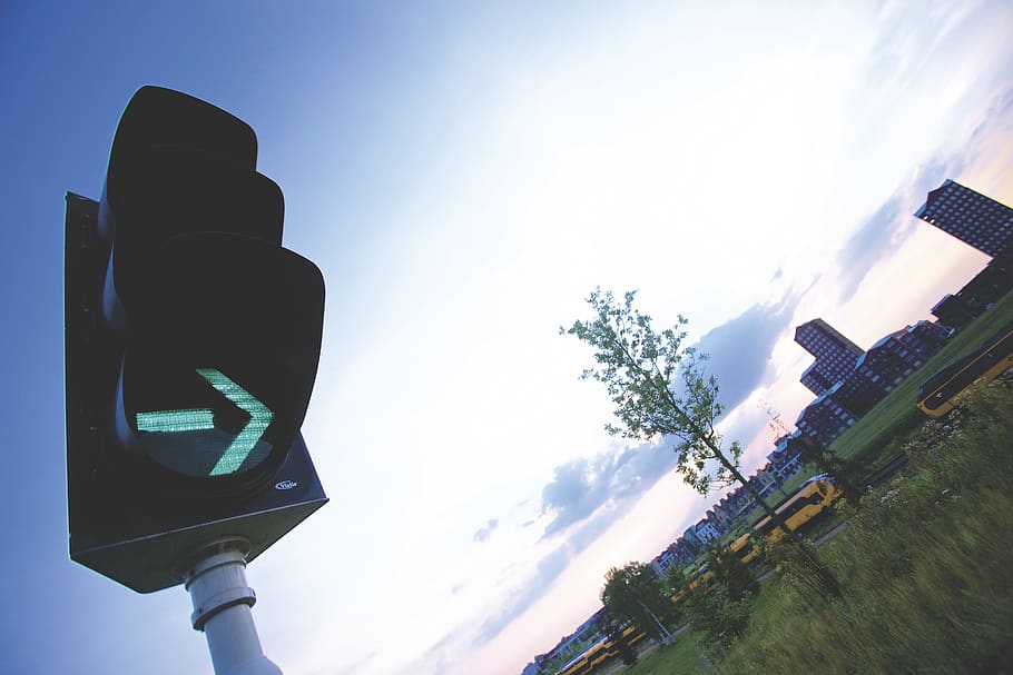 green, traffic light, go, clouds, sky, trees, leaves, nature HD wallpaper