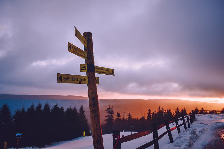 Signage on Road Filled With Snow, cold, dawn, daylight, directions HD wallpaper