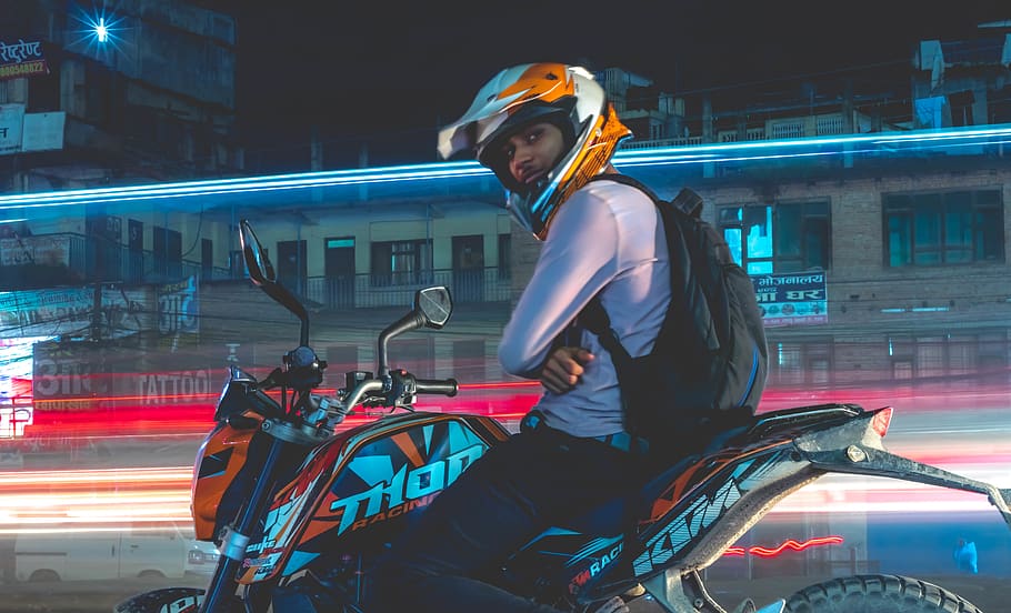 man riding underbone motorcycle, one person, real people, transportation HD wallpaper