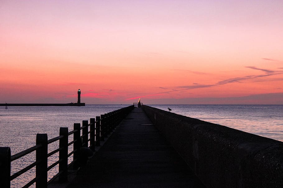 black dock during golden hour, sea, water, sky, sunset, horizon over water HD wallpaper