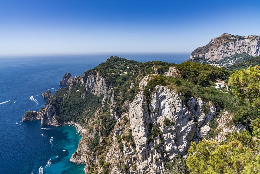 capri, trees, ocean, sky, mountain, boats, cliff, rock, sea HD wallpaper