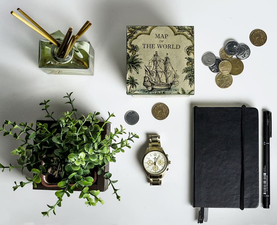 objects, watch, money, products, notebook, coins, plant, indoors HD wallpaper