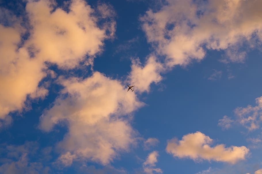 blue, clouds, sky, airplane, travel, cloud - sky, low angle view HD wallpaper