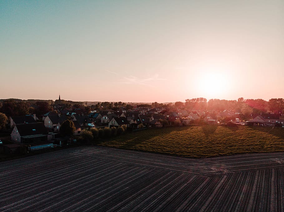 drone, sunset, spring, hotdays, forest, city, sky, architecture HD wallpaper