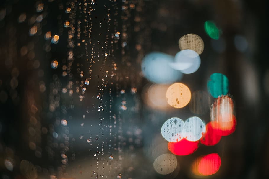 bokeh lights photography, rain, drop, blur, glass, wallpaper, HD wallpaper