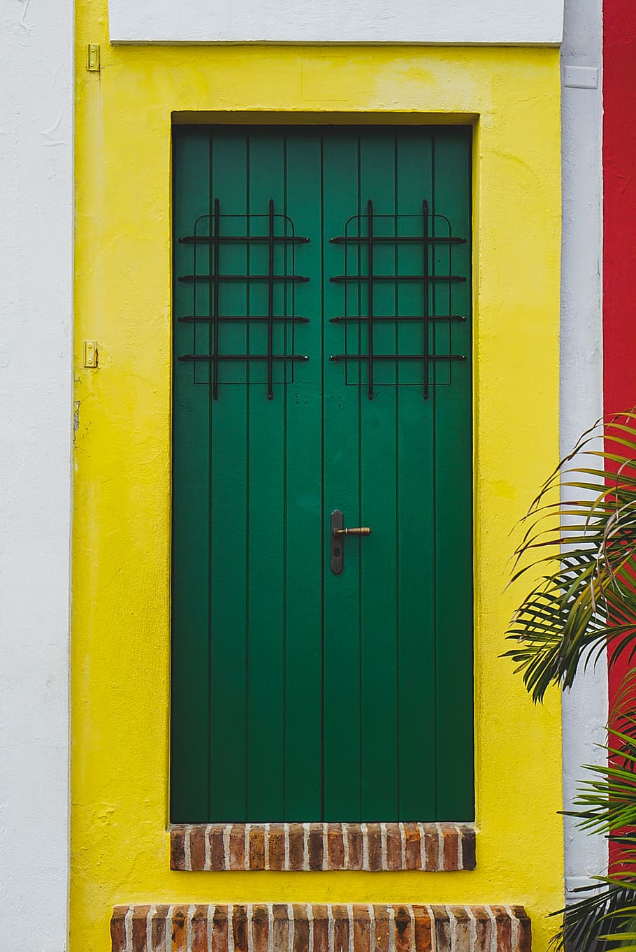yellow, green, old san juan, colonial, doors, vintage, built structure, HD wallpaper