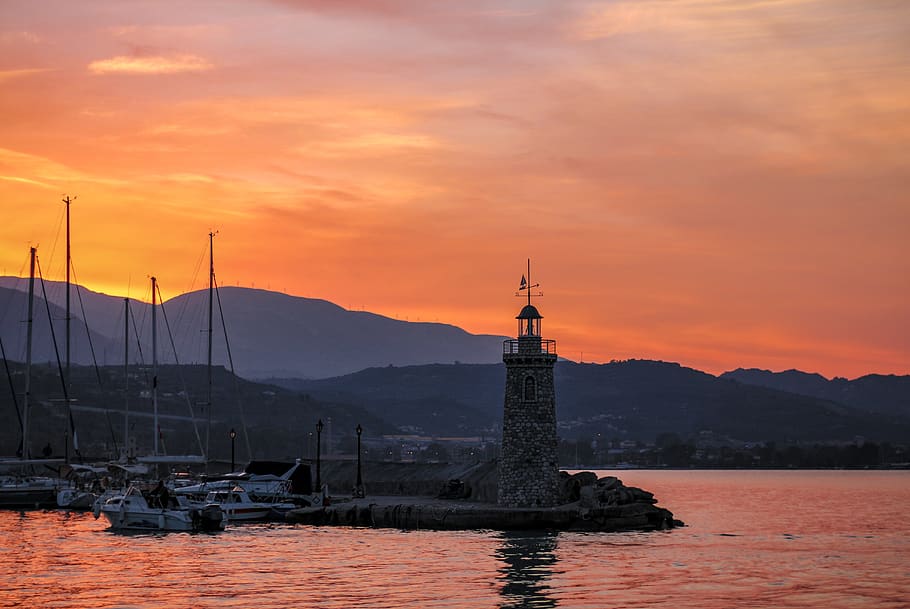 greece, aigio, water, sunset, sky, architecture, built structure HD wallpaper