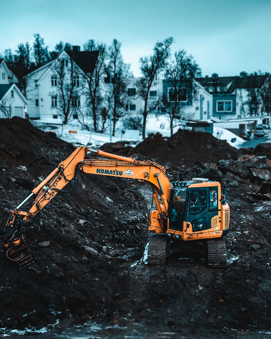 Orange Excavator, action, digging, equipment, heavy, machinery HD wallpaper