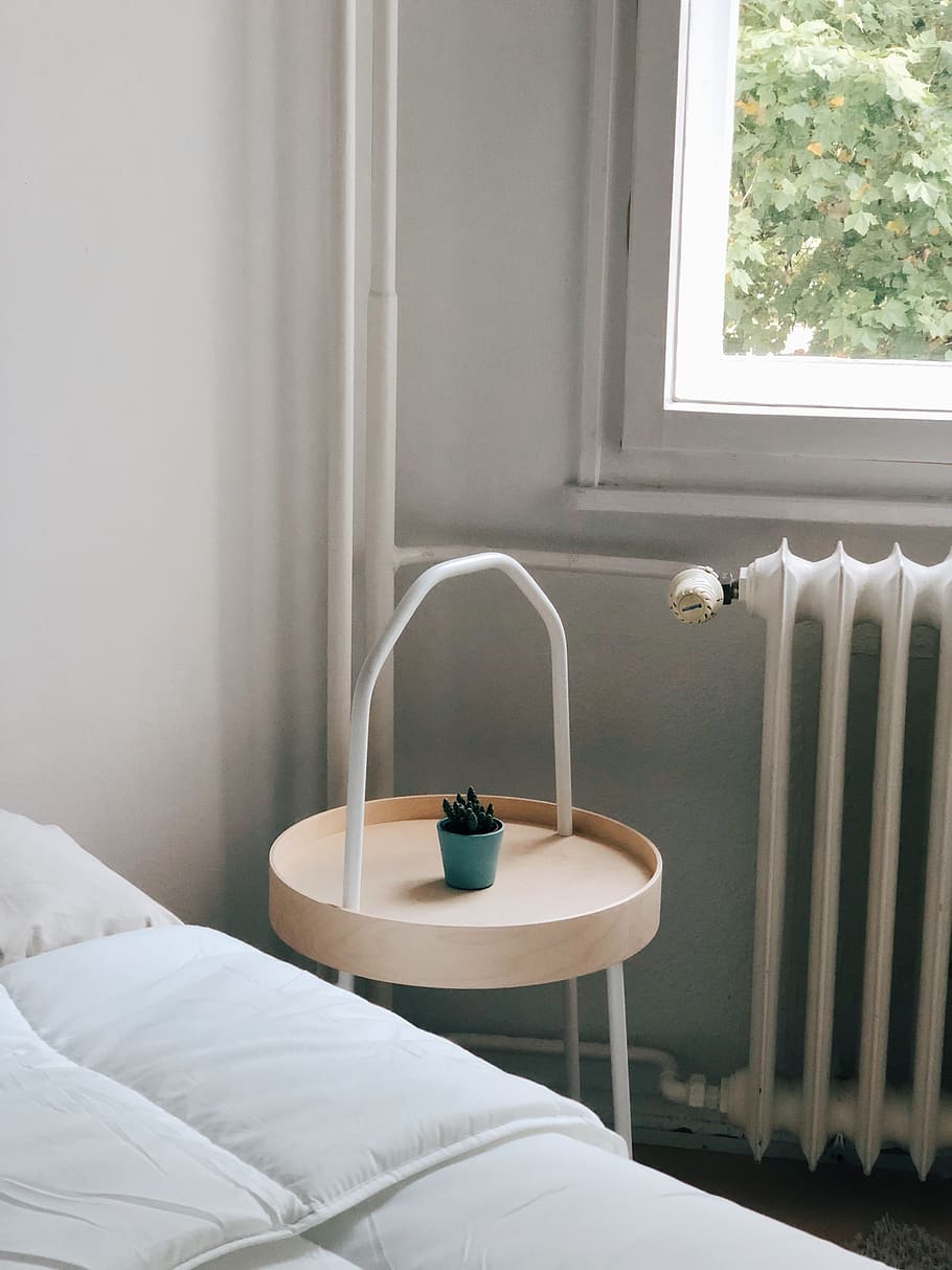 round beige wooden side table, berlin, germany, furniture, plant HD wallpaper
