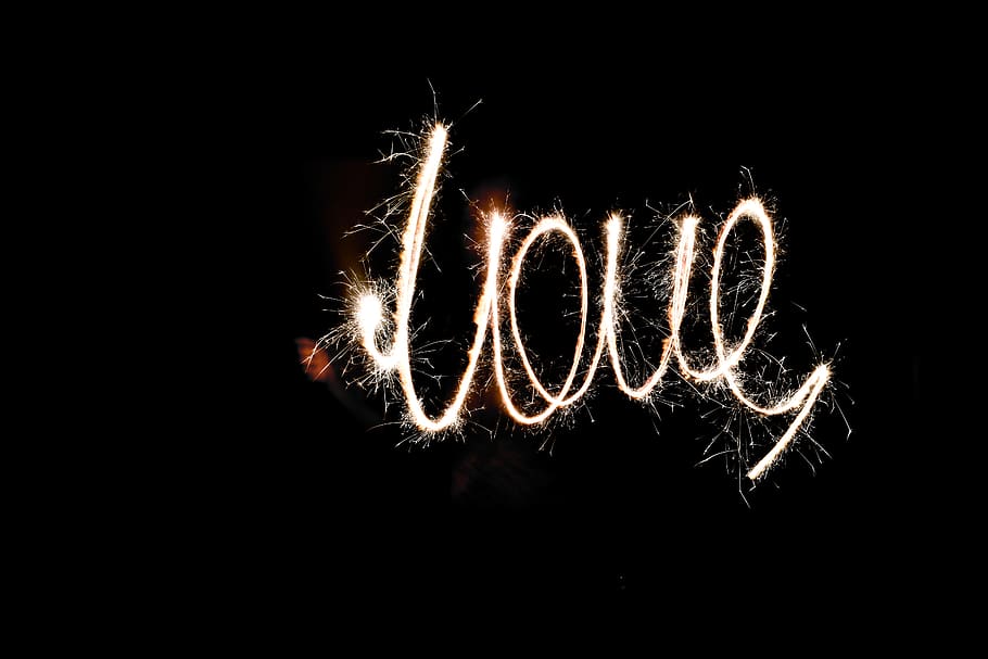 love spark text, night, illuminated, celebration, glowing, firework HD wallpaper