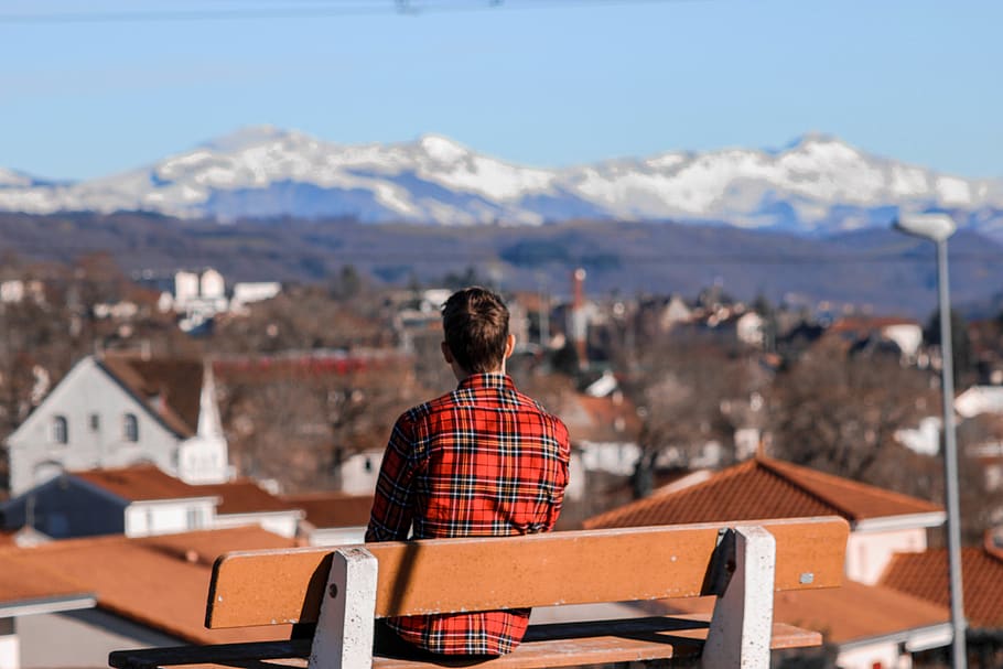 man sitting on bench, mountain, rear view, architecture, building exterior HD wallpaper