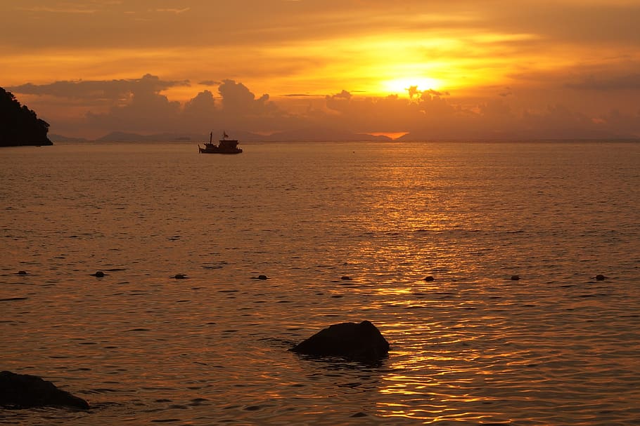 sunset, phi phi, sea, travel, thailand, sky, water, orange color HD wallpaper