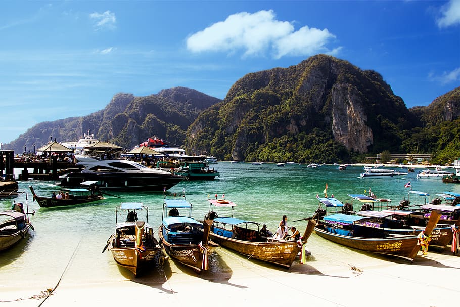 Yellow Wooden Boat Dock on White Sand Beach, bay, boats, clouds HD wallpaper