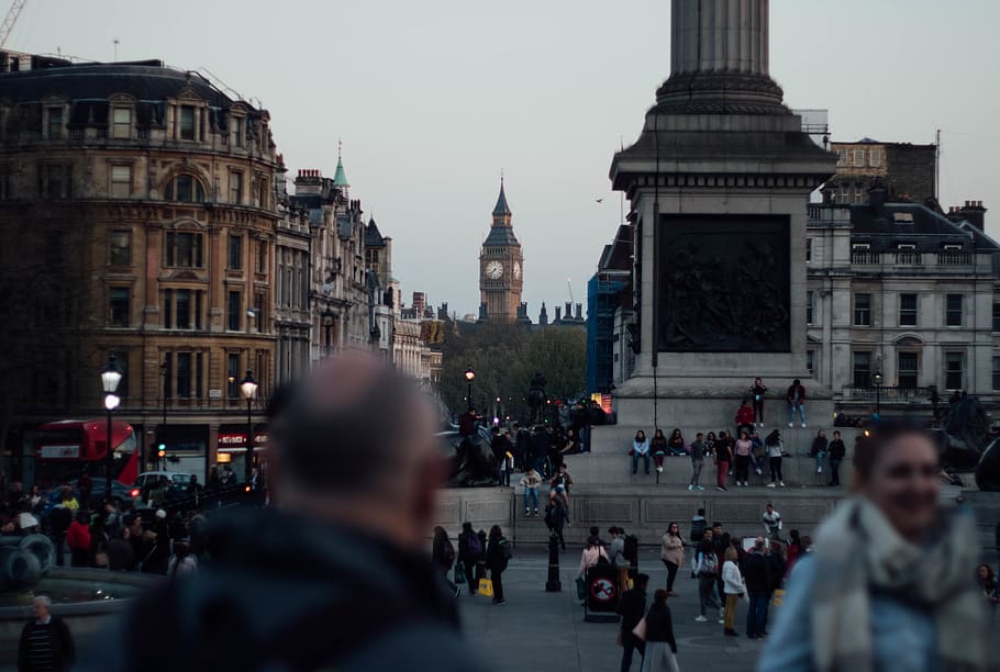 london, united kingdom, city, people, big ben, dusk, busy, trafalgar square, HD wallpaper