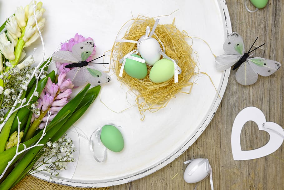 easter eggs, nest, easter nest, hare, easter bunny, hyacinth HD wallpaper