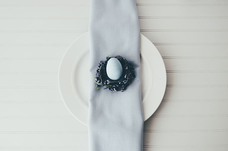 white egg on black plate, indoors, white color, directly above HD wallpaper