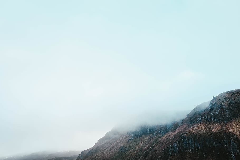 brown mountain, nature, outdoors, weather, fog, cliff, mist, adventure HD wallpaper
