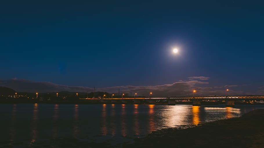 bridge during nighttime, nature, outdoors, moon, universe, space