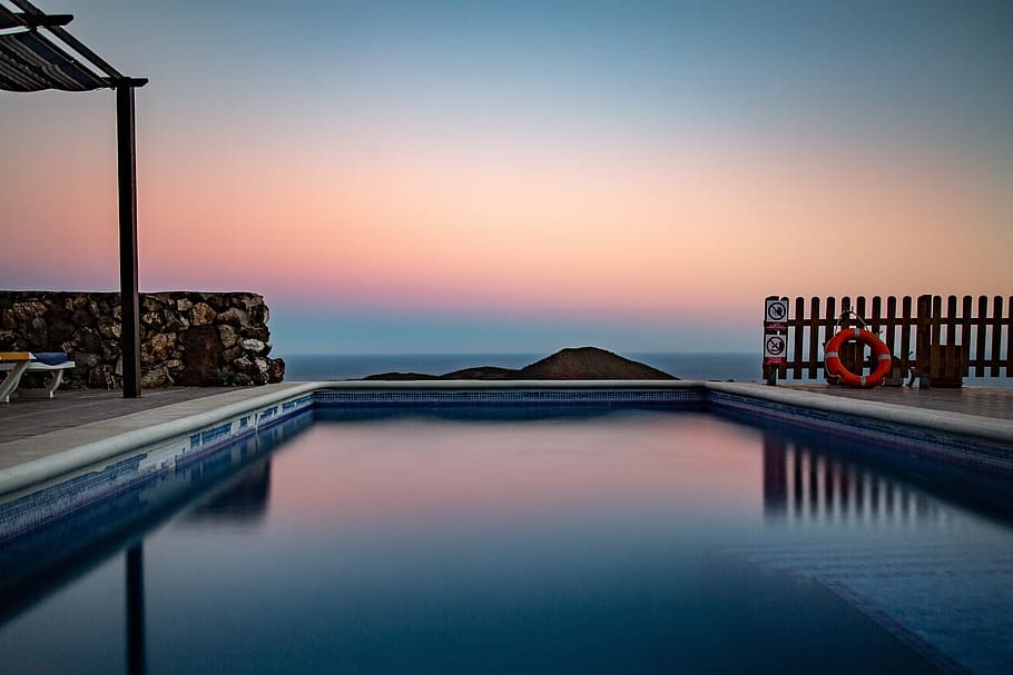 sunset, pool, vacations, mirroring, view, summer, water, sky HD wallpaper