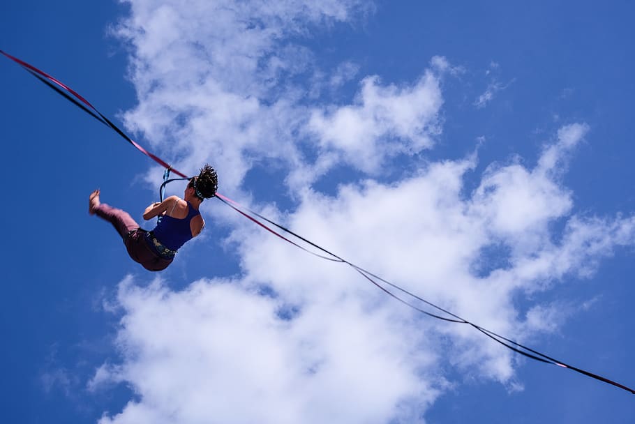 woman hanging on air with rope, person, human, acrobatic, bungee, HD wallpaper