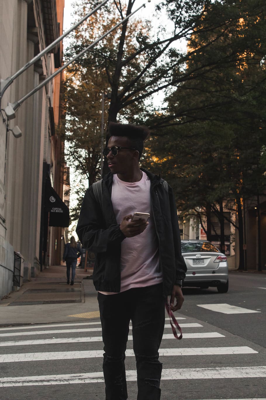 Man Crossing Pedestrian Lane, car, cellphone, daylight, jacket HD wallpaper