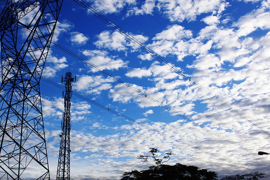 sky, clouds, electricity, tower, blue, cloud - sky, cable, low angle view HD wallpaper